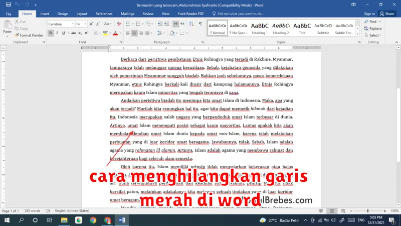 cara menghilangkan garis merah di word